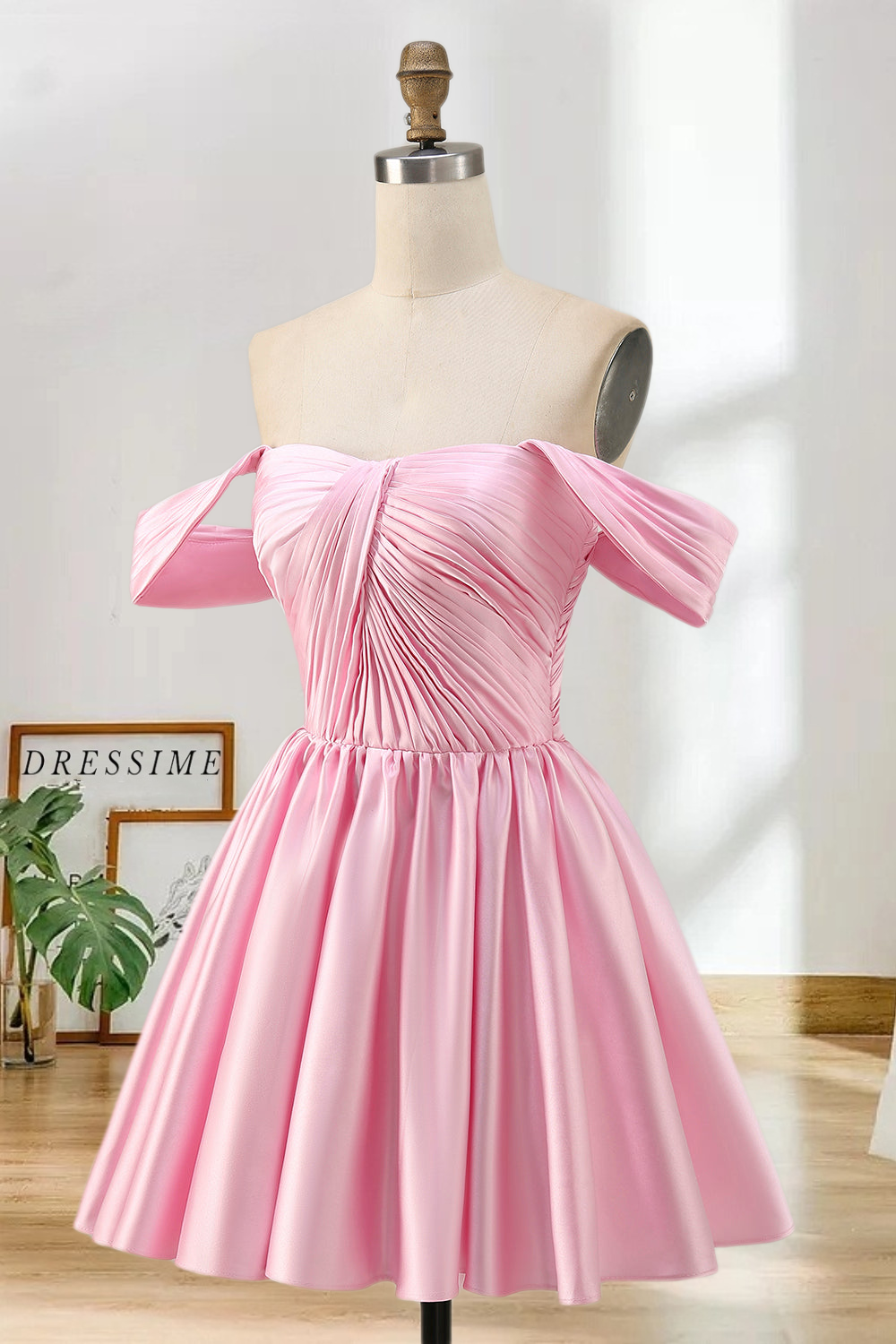 Dressime A Line Off The Shoulder Satin Corset Pleats Mini Homecoming Dress