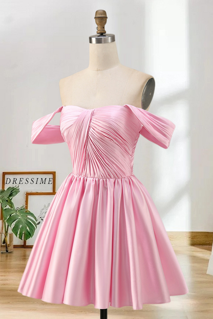 Dressime A Line Off The Shoulder Satin Corset Pleats Mini Homecoming Dress