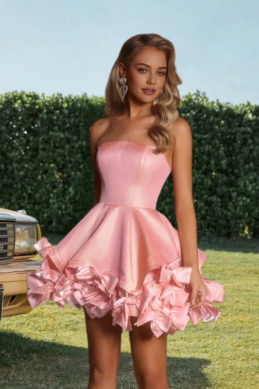 Dressime A Line Strapless Flared Bow Hem Mini Homecoming Dress