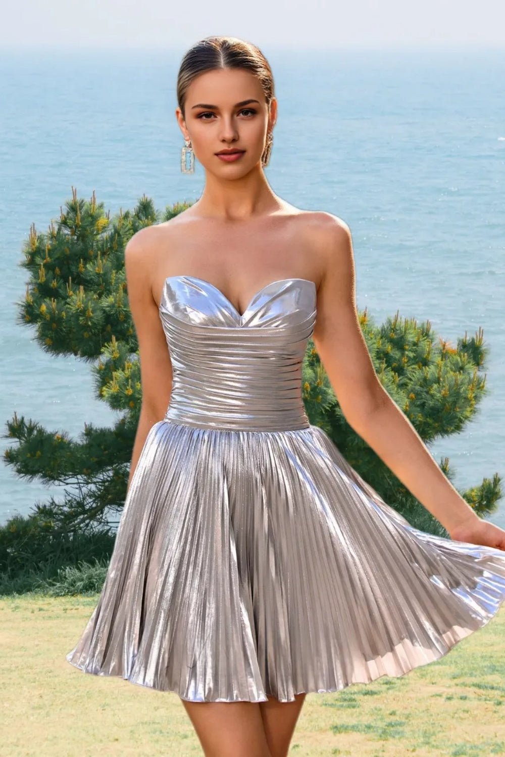 Dressime Woman Sparkly Silver Homecoming Dress A Line Strapless Ruched Metallic Satin Mini Hoco Dress dressime Dressime Woman Sparkly Silver Homecoming Dress A Line Strapless Ruched Metallic Satin Mini Hoco Dress dressime
