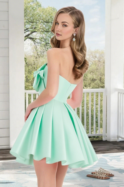 Dressime A Line Strapless Satin Mini Homecoming Dress With Bowknot