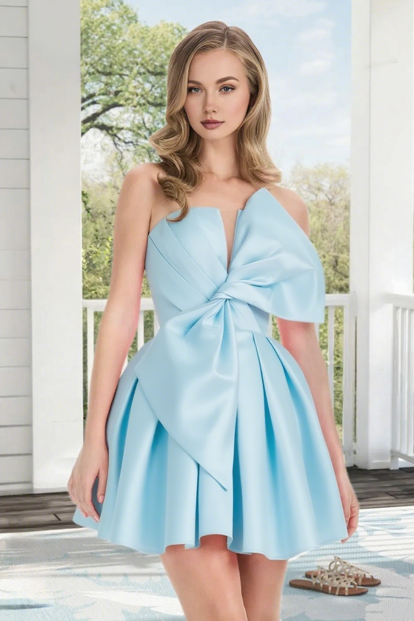Dressime Woman's Chic Blue Homecoming Dress A Line Strapless Satin Mini Cocktail Dress With Bowknot dressime Dressime Woman's Chic Blue Homecoming Dress A Line Strapless Satin Mini Cocktail Dress With Bowknot dressime