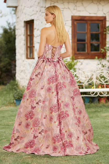 Dressime Elegant A Line Strapless Jacquard Long Prom Dress With Bowknot