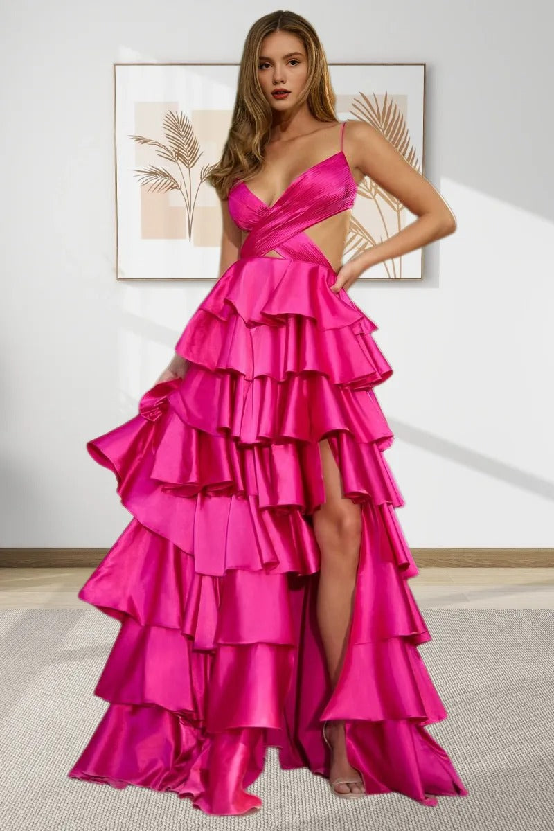 Dressime Elegant A Line V Neck Cutout Satin Tiered Slit Prom Dress