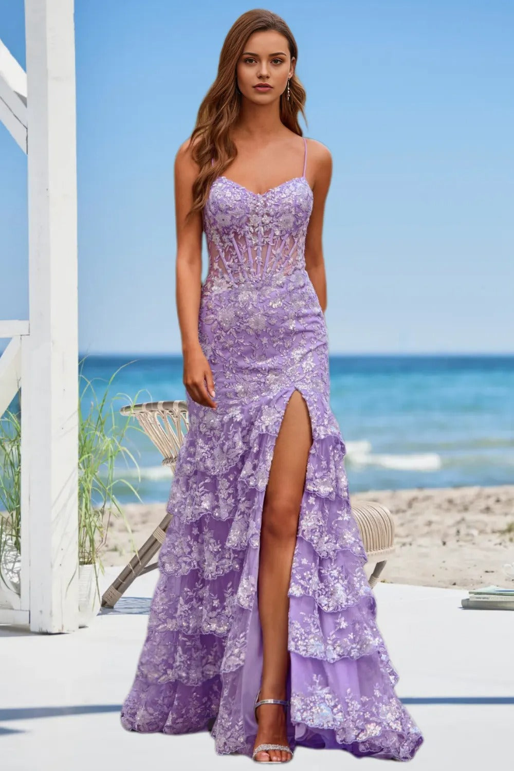 Dressime Woman's Stylish Purple Prom Dress Mermaid Spaghetti Straps Sequin Appliqued Tiered Party Dress – dressime