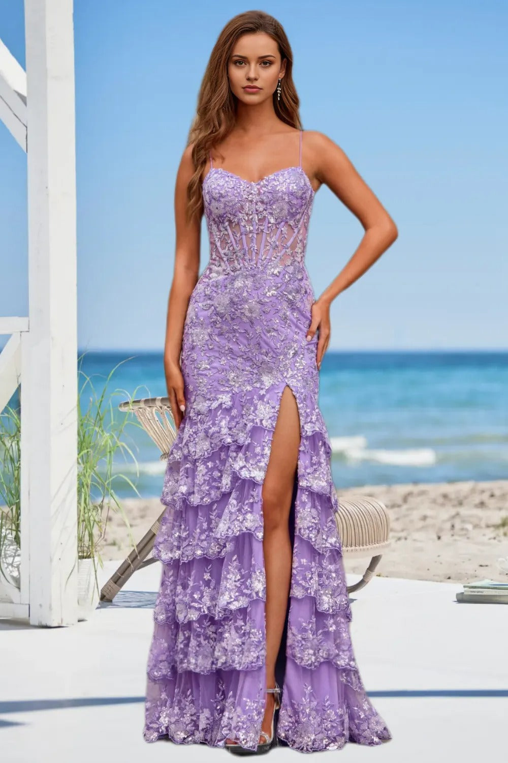 Dressime Woman's Stylish Purple Prom Dress Mermaid Spaghetti Straps Sequin Appliqued Tiered Party Dress dressime Dressime Woman's Stylish Purple Prom Dress Mermaid Spaghetti Straps Sequin Appliqued Tiered Party Dress dressime