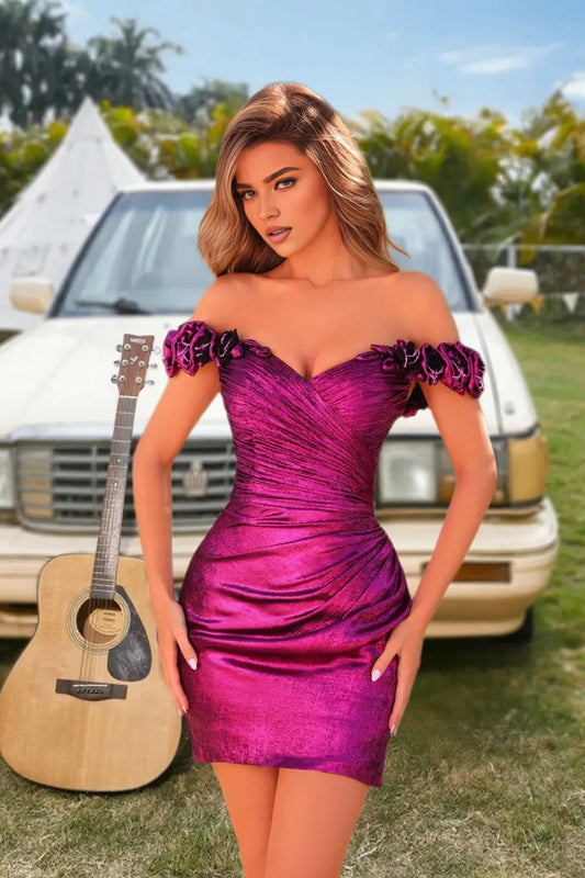 Dressime Tight Off The Shoulder 3D Flowers Metallic Mini Homecoming Dress
