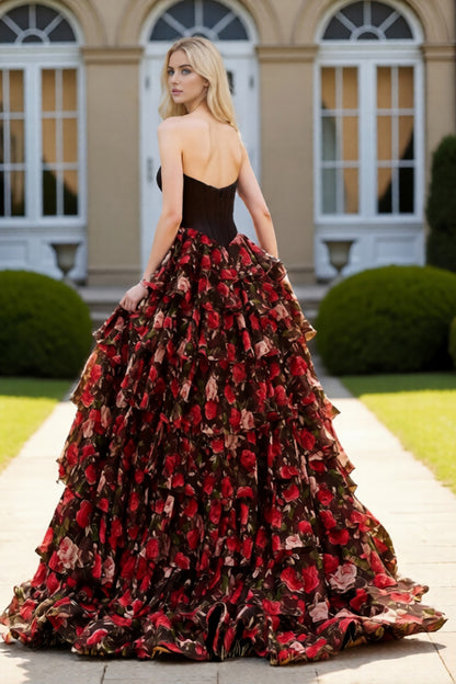 Dressime Trendy A Line Strapless Corset Floral Printed Long Tiered Prom Dress With Slit