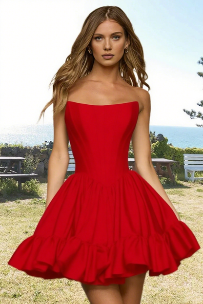 Dressime Vibrant A Line Strapless Satin Corset Bodice Mini Homecoming Dress