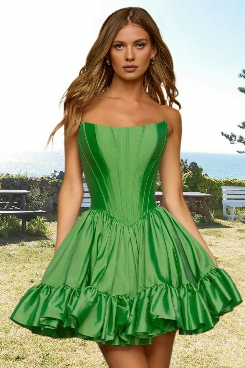 Dressime Vibrant A Line Strapless Satin Corset Bodice Mini Homecoming Dress