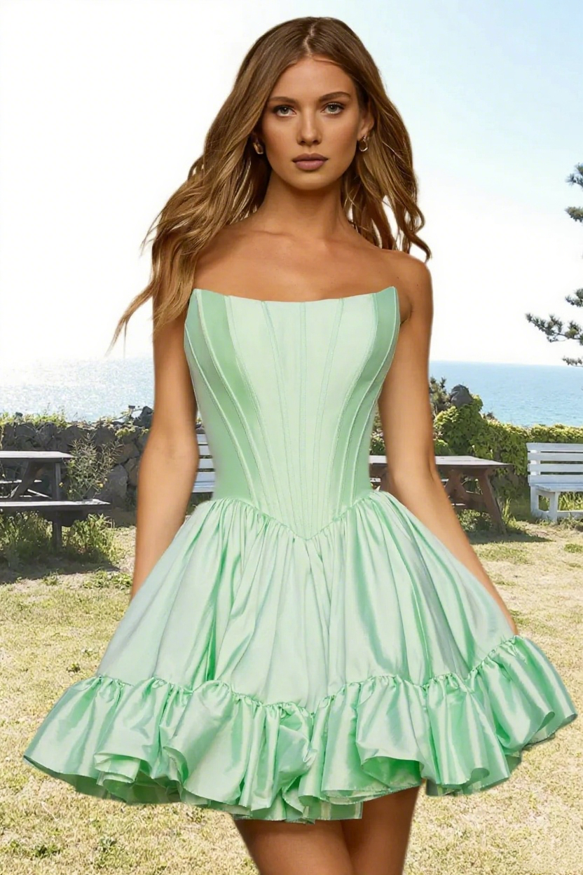Dressime Vibrant A Line Strapless Satin Corset Bodice Mini Homecoming Dress