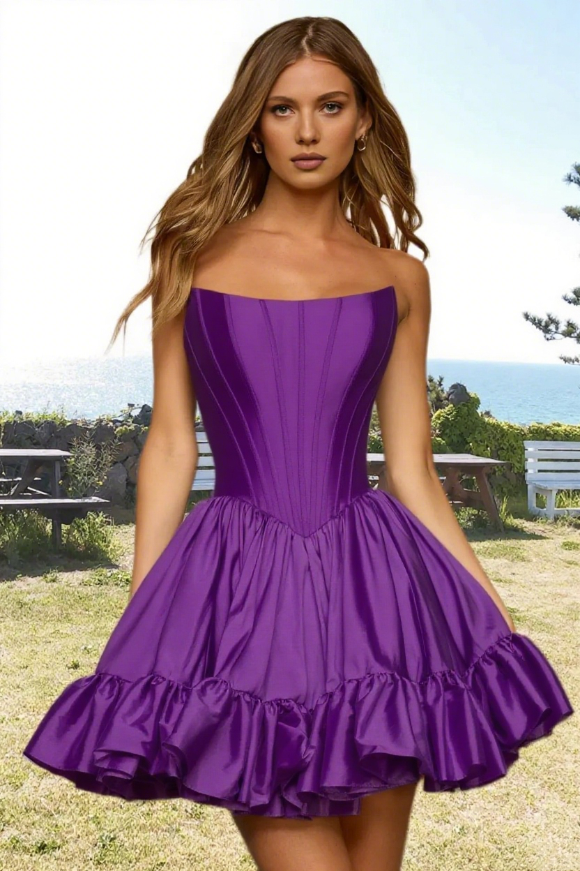 Dressime Vibrant A Line Strapless Satin Corset Bodice Mini Homecoming Dress