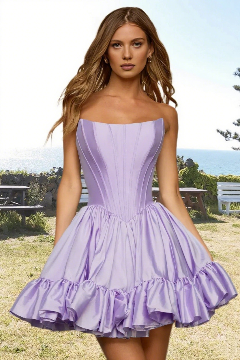 Dressime Vibrant A Line Strapless Satin Corset Bodice Mini Homecoming Dress