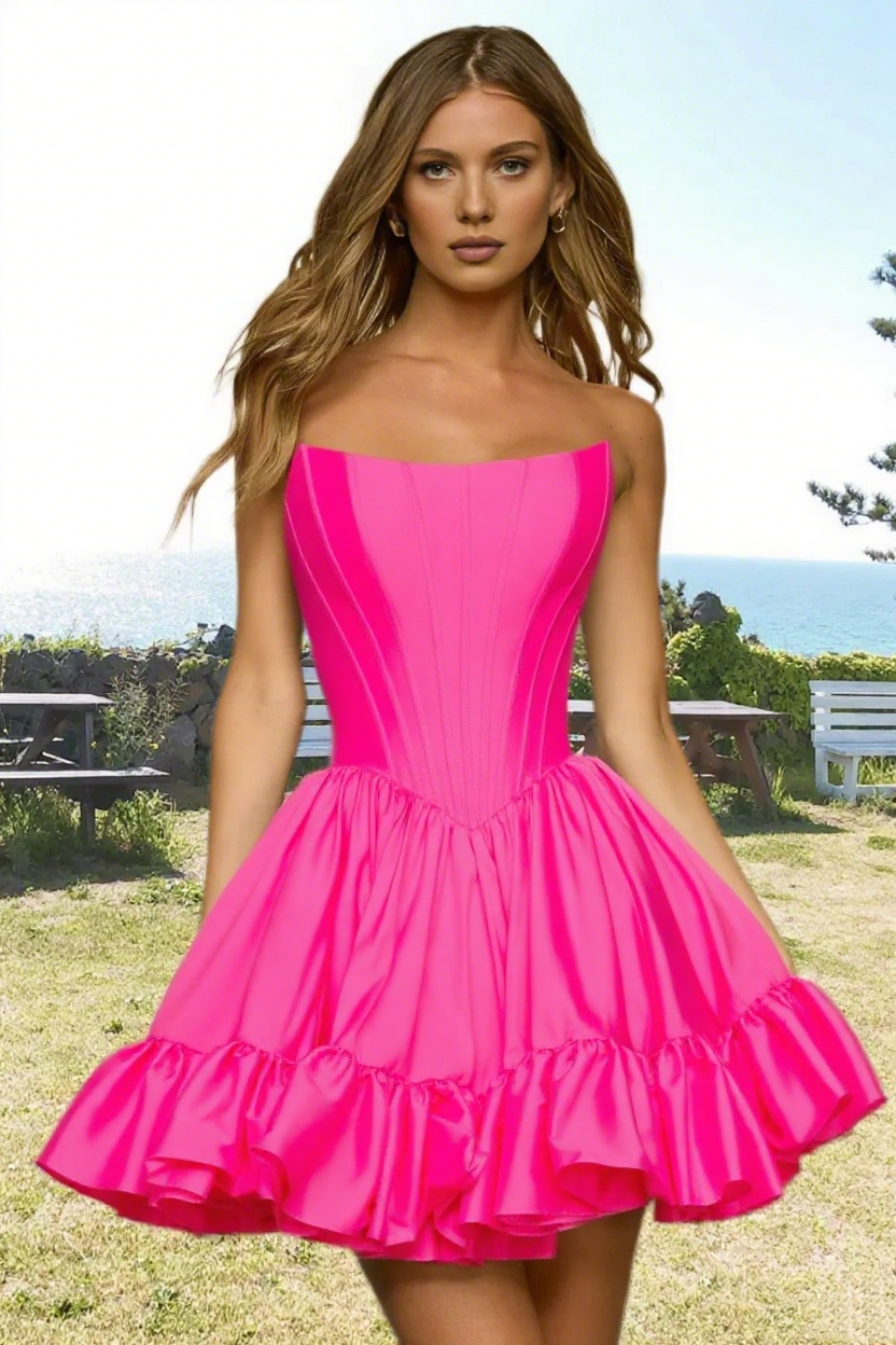 Dressime Vibrant A Line Strapless Satin Corset Bodice Mini Homecoming Dress