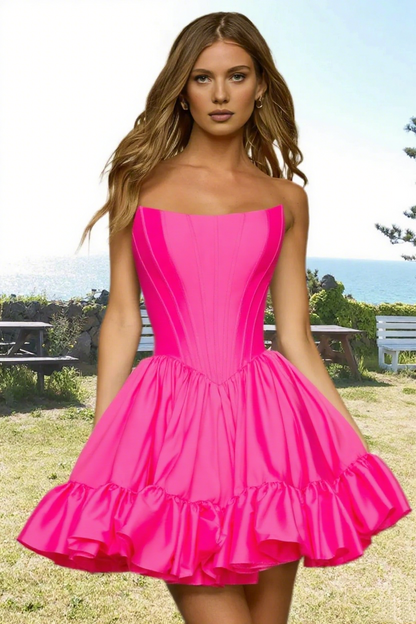Dressime Vibrant A Line Strapless Satin Corset Bodice Mini Homecoming Dress