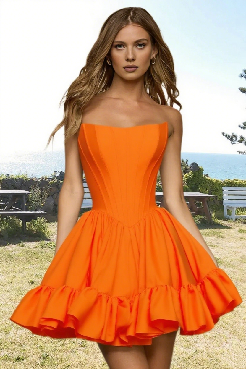Dressime Vibrant A Line Strapless Satin Corset Bodice Mini Homecoming Dress