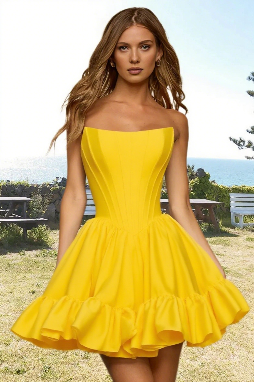 Dressime Vibrant A Line Strapless Satin Corset Bodice Mini Homecoming Dress