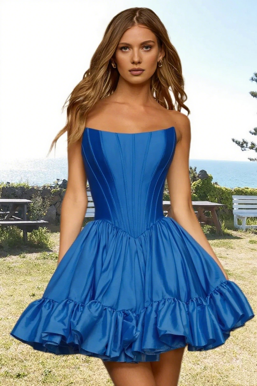 Dressime Vibrant A Line Strapless Satin Corset Bodice Mini Homecoming Dress