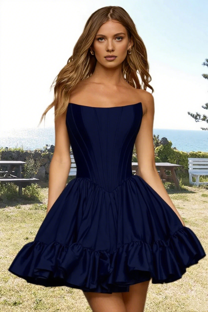 Dressime Vibrant A Line Strapless Satin Corset Bodice Mini Homecoming Dress