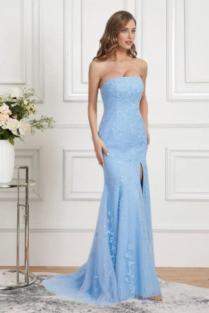 formal women's light blue strapless dress for school Dressine Sparkly Blue Formal Dress Mermaid Strapless Slit Long Prom Dress with Appliques – dressime