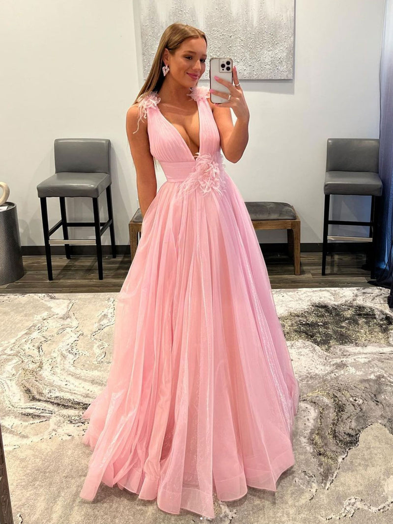 Dressime A Line Organza  V Neck Long Prom Dresses With Feather