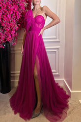 Dressime A Line One Shoulder Pleated Tulle Split Long  Prom Dress