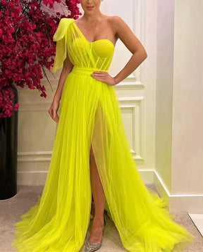 Dressime A Line One Shoulder Pleated Tulle Split Long  Prom Dress