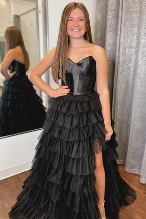Dressime Strapless A-line Tiered Tulle Long Prom Dress