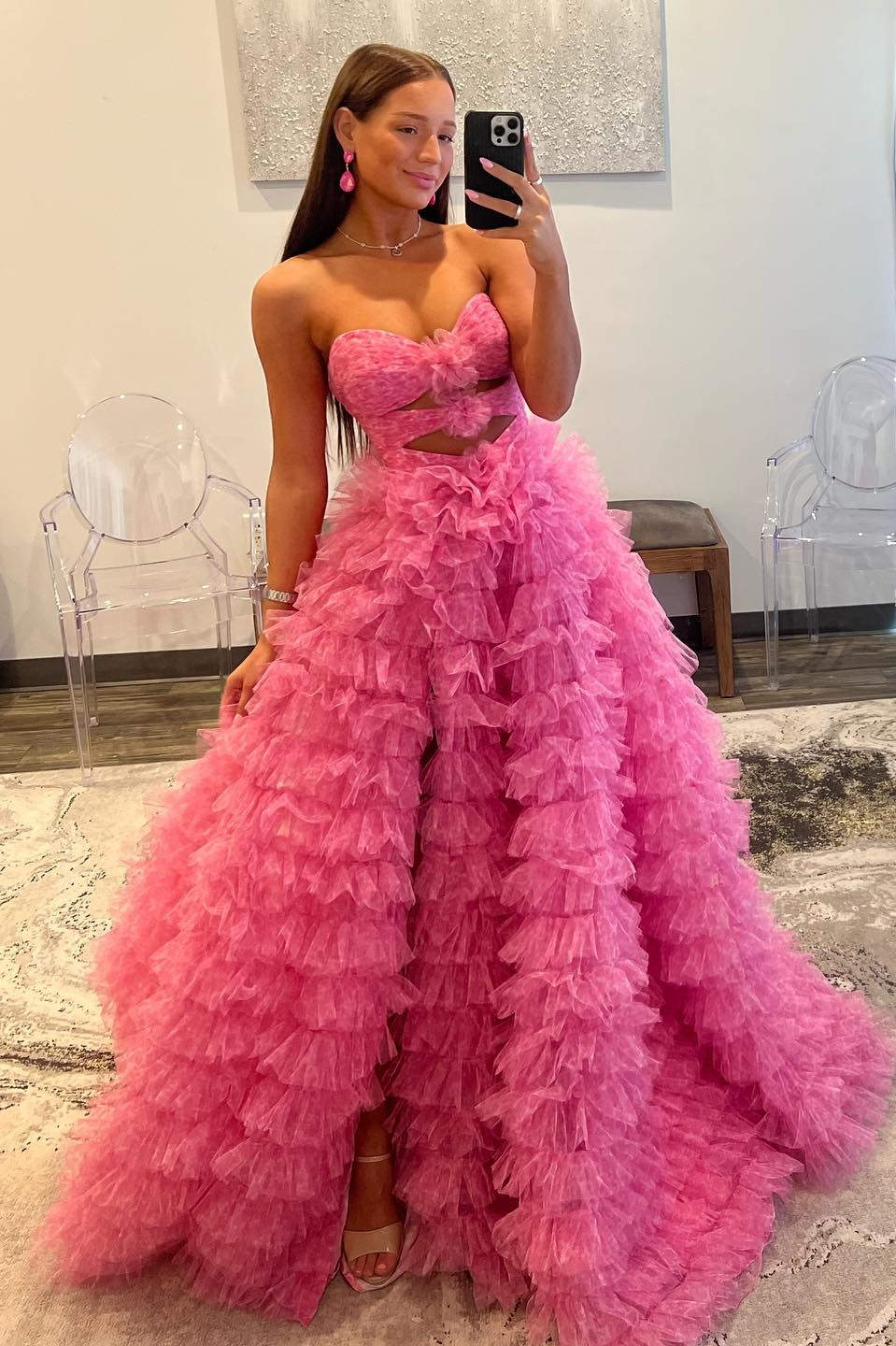 Dressime Ball Gown Sweetheart Tiered Printed Tulle Long Prom Dress