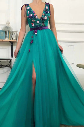 Dressime Elegant V-Neck Teal Long Prom Dress with Embroidery