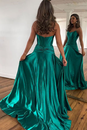 Dressime A-Line Straples Satin Long Prom Dress With Split