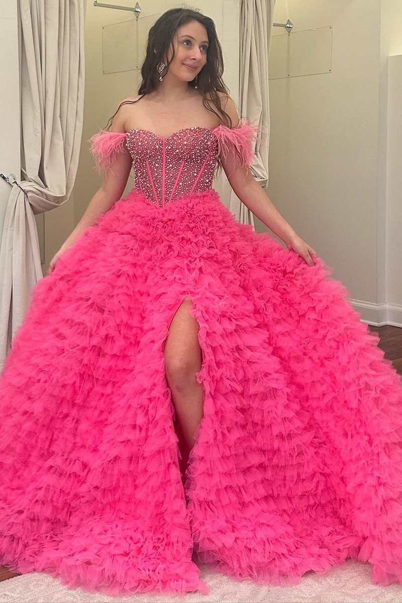 Dressime A Line Custom-Made Long Off the Shoulder Sweetheart Tiered  Prom Dresses with Split