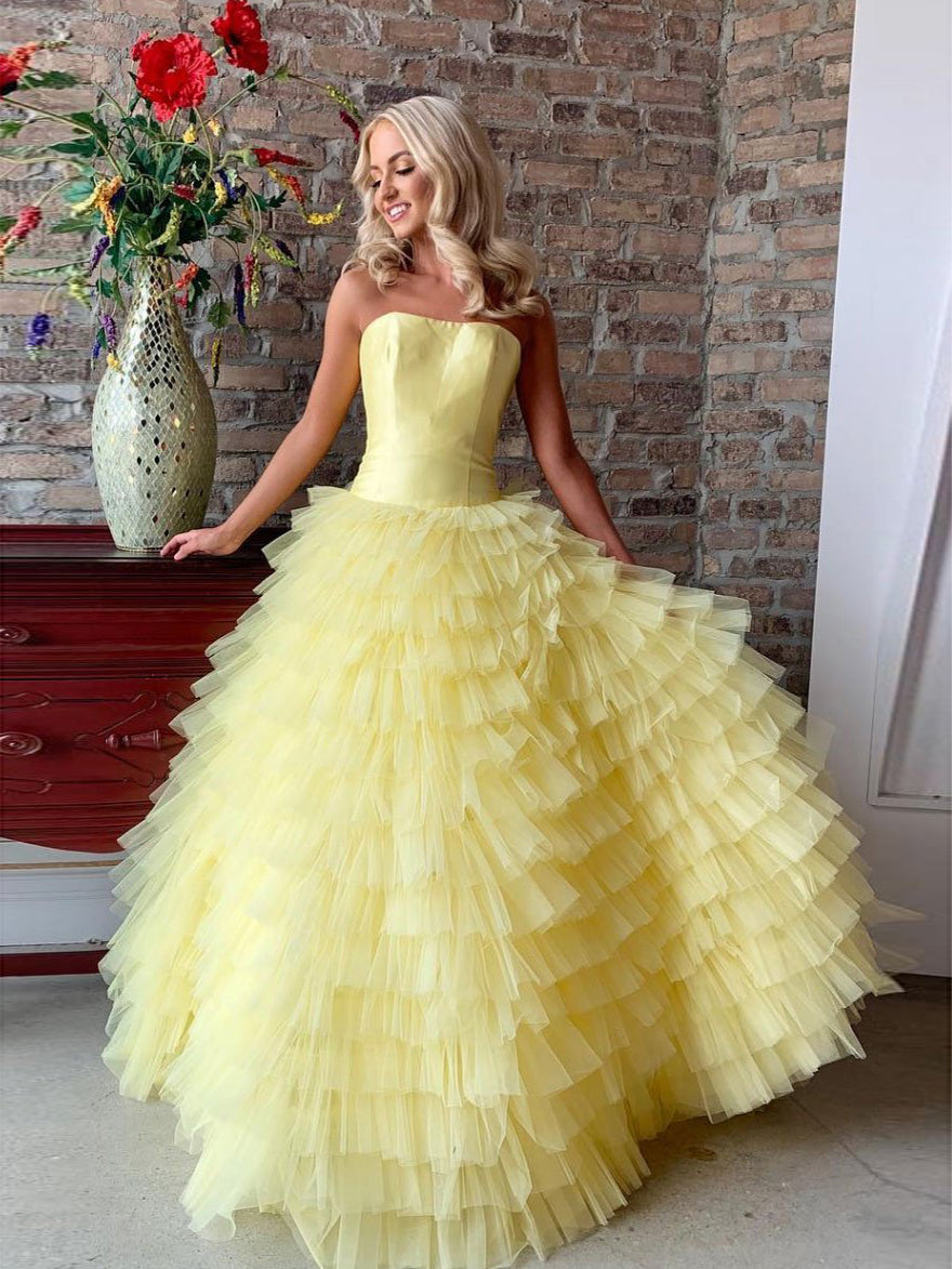 Dressime Strapless A Line Long Ruffles Tiered Prom Dress