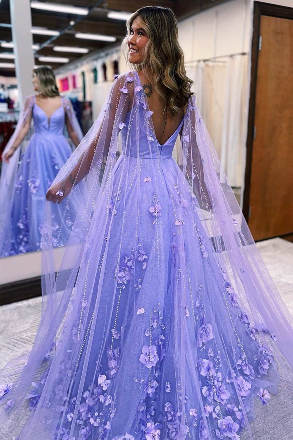 Dressime Ball Gown Tulle Spaghetti Straps 3D Flower Prom Dresses with Cape