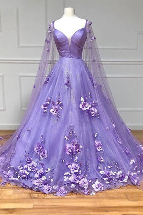 Dressime Ball Gown Tulle Spaghetti Straps 3D Flower Prom Dresses with Cape