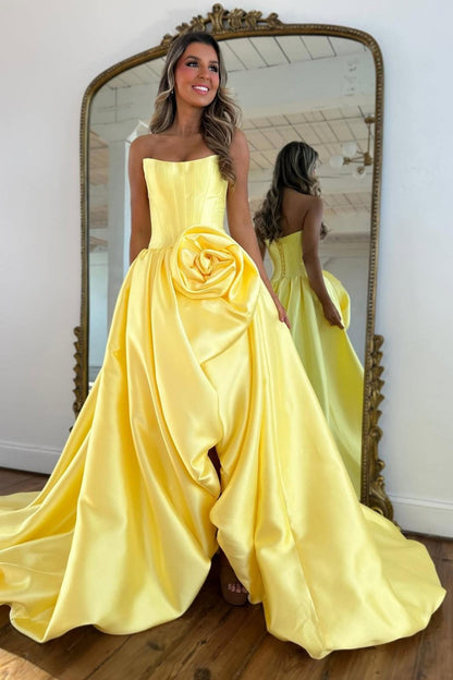 Dressime Elegant A Line Strapless Corset High Low Prom Dress With 3D Flower