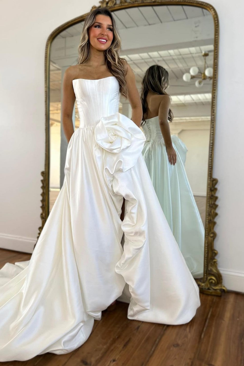 Dressime Elegant A Line Strapless Corset High Low Prom Dress With 3D Flower