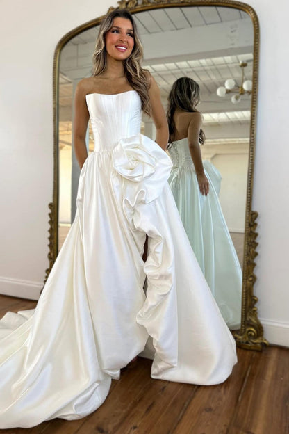 Dressime Elegant A Line Strapless Corset High Low Prom Dress With 3D Flower