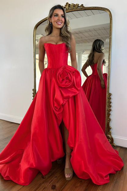 Dressime Elegant A Line Strapless Corset High Low Prom Dress With 3D Flower