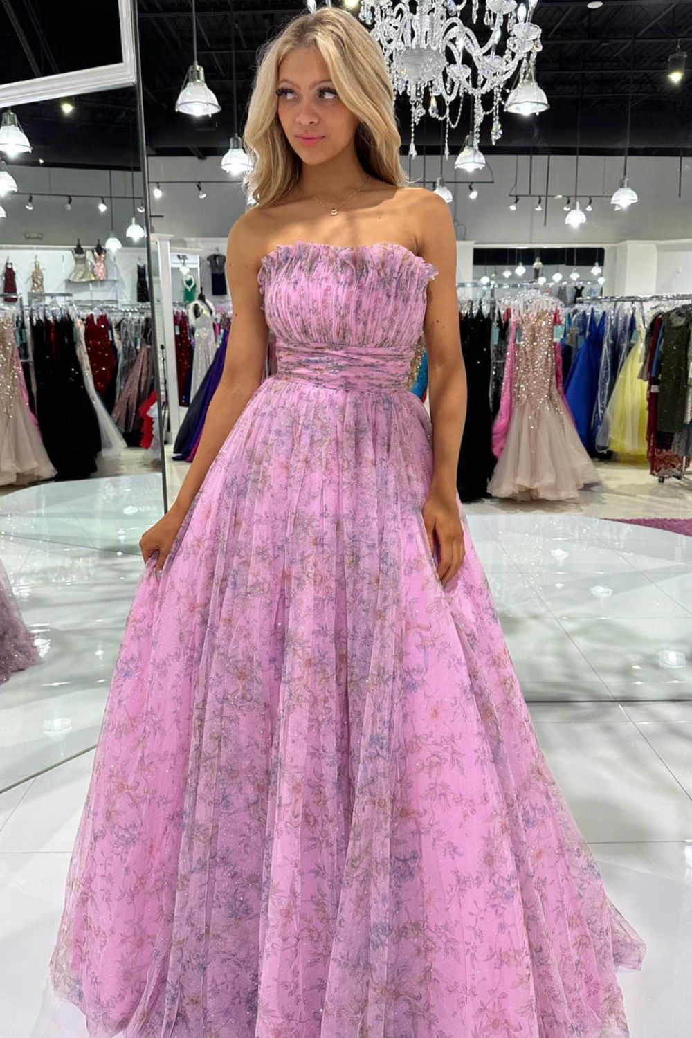 Dressime A Line Strapless Floral Print Long Prom Dress
