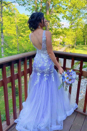 Dressime Mermaid V Neck Tulle Long Prom Dresses with Appliques