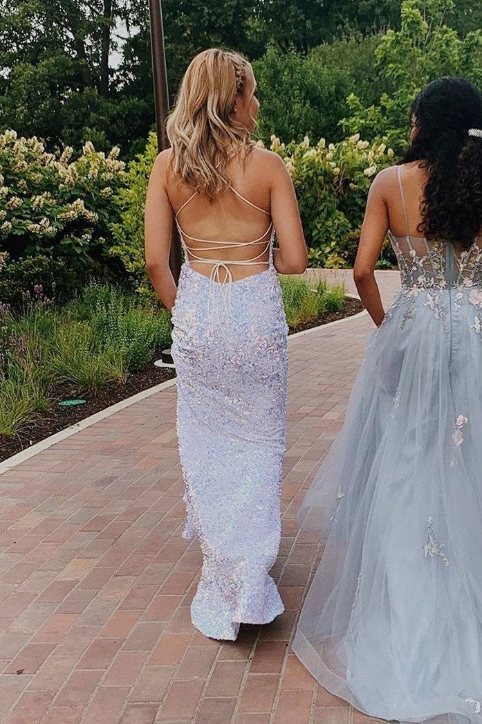 Dressime Mermaid Spaghetti Straps Sequins Lace Up Prom Dress