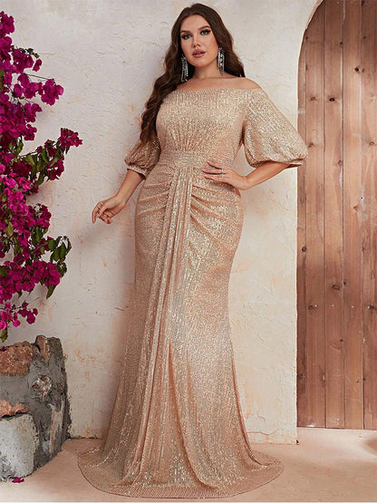 Dressime Sparkly Sheath Off The Shoulder Sequin Half Sleeves Long Formal Dress