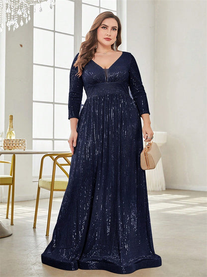 Dressime Plus Size Sparkly A Line V Neck Sequin Long Sleeves Long Formal Dress