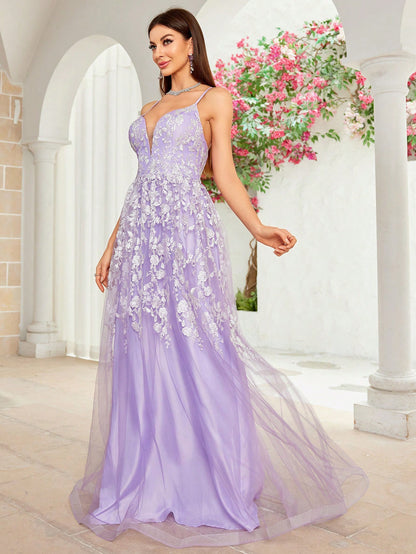 Dressime Elegant A Line Spaghetti Straps Tulle Appliques Long Formal Dress