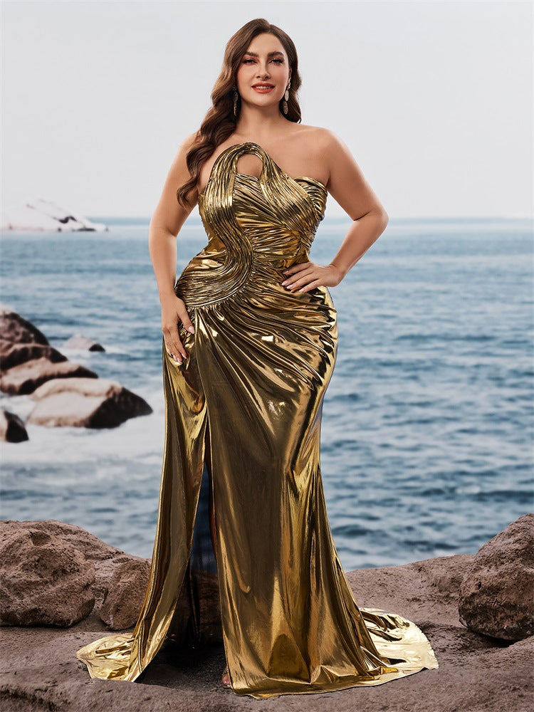 Dressime Plus Size Sparkly Sheath Strapless Metallic Long Formal Dress