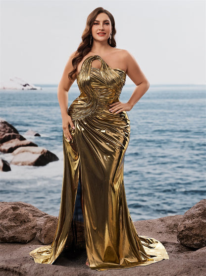 Dressime Plus Size Sparkly Sheath Strapless Metallic Long Formal Dress