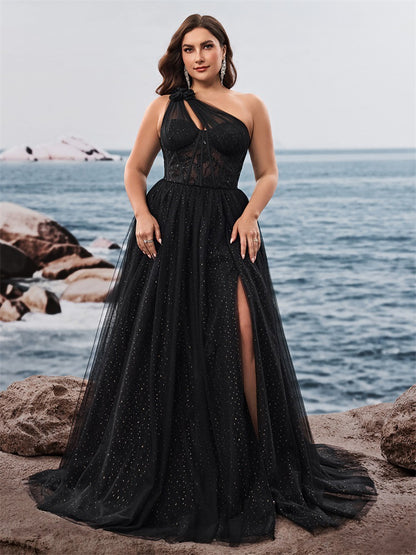 Dressime Plus Size A Line One Shoulder Tulle Long Formal Dress With Slit