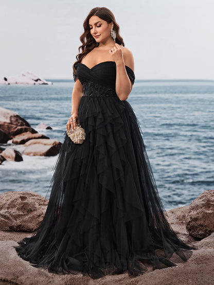 Dressime Plus Size A Line Off The Shoulder Tulle Ruffled Long Formal Dress