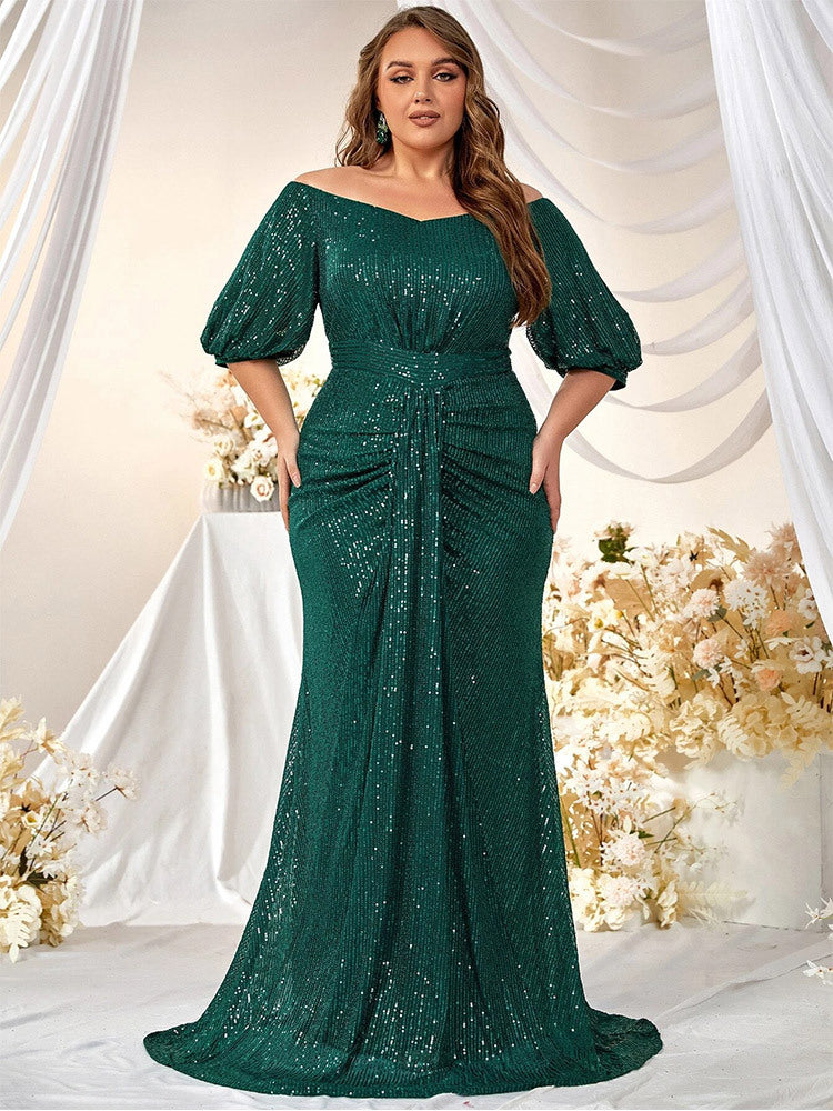Dressime Sparkly Sheath Off The Shoulder Sequin Half Sleeves Long Formal Dress
